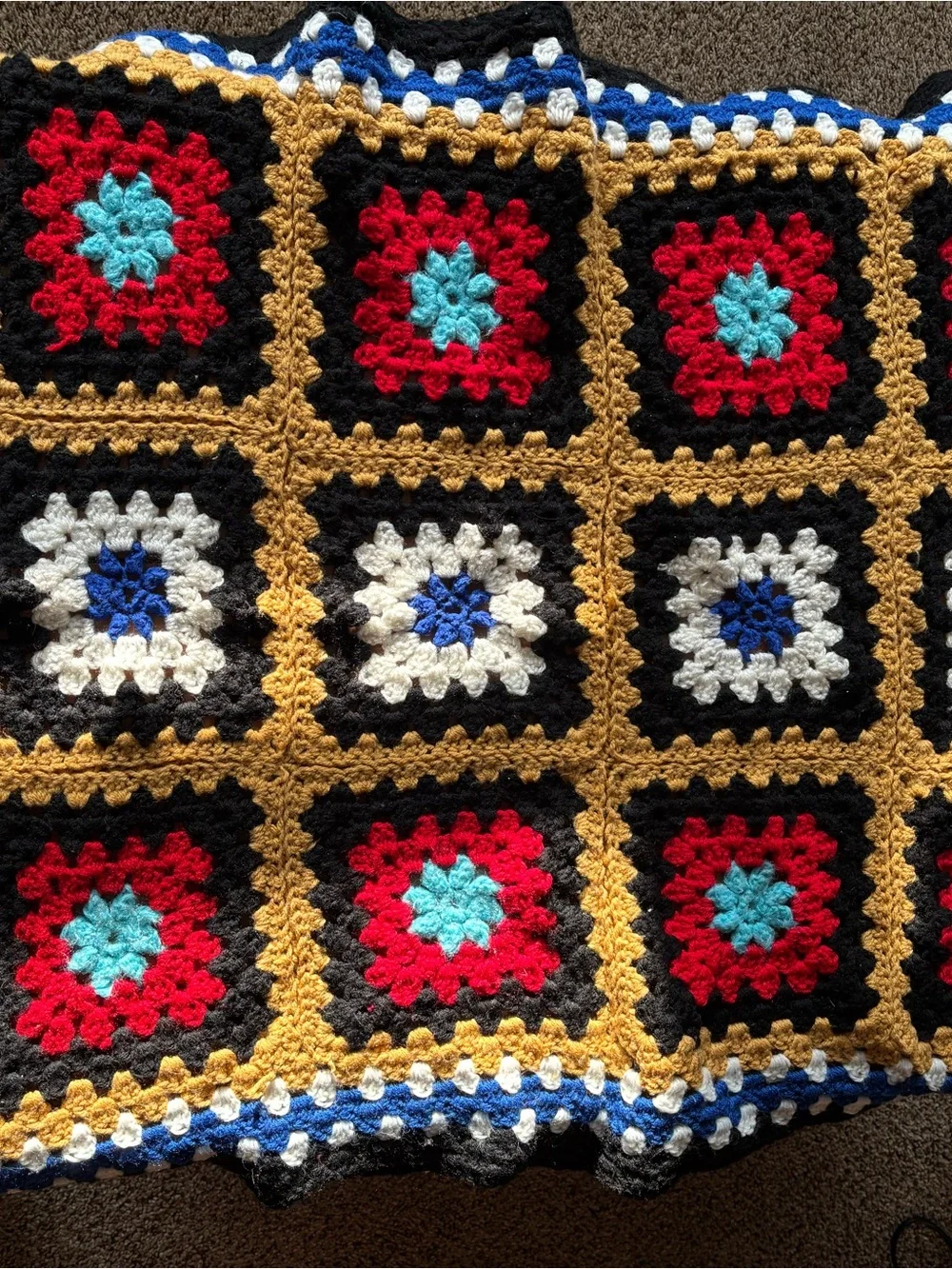 Handmade Crochet Granny Square Throw - Red, Black, Gold, White, Blue, Teal